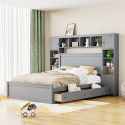 Queen Size Bed With All In One Cabinet, Shelf And Sockets - Gray