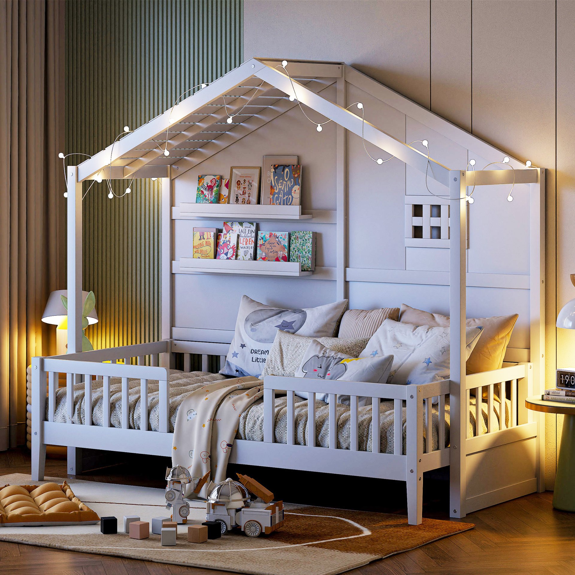 Twin Size House Bed With Shelves, Window And Sparkling Light Strip On The Roof - White - Image 3