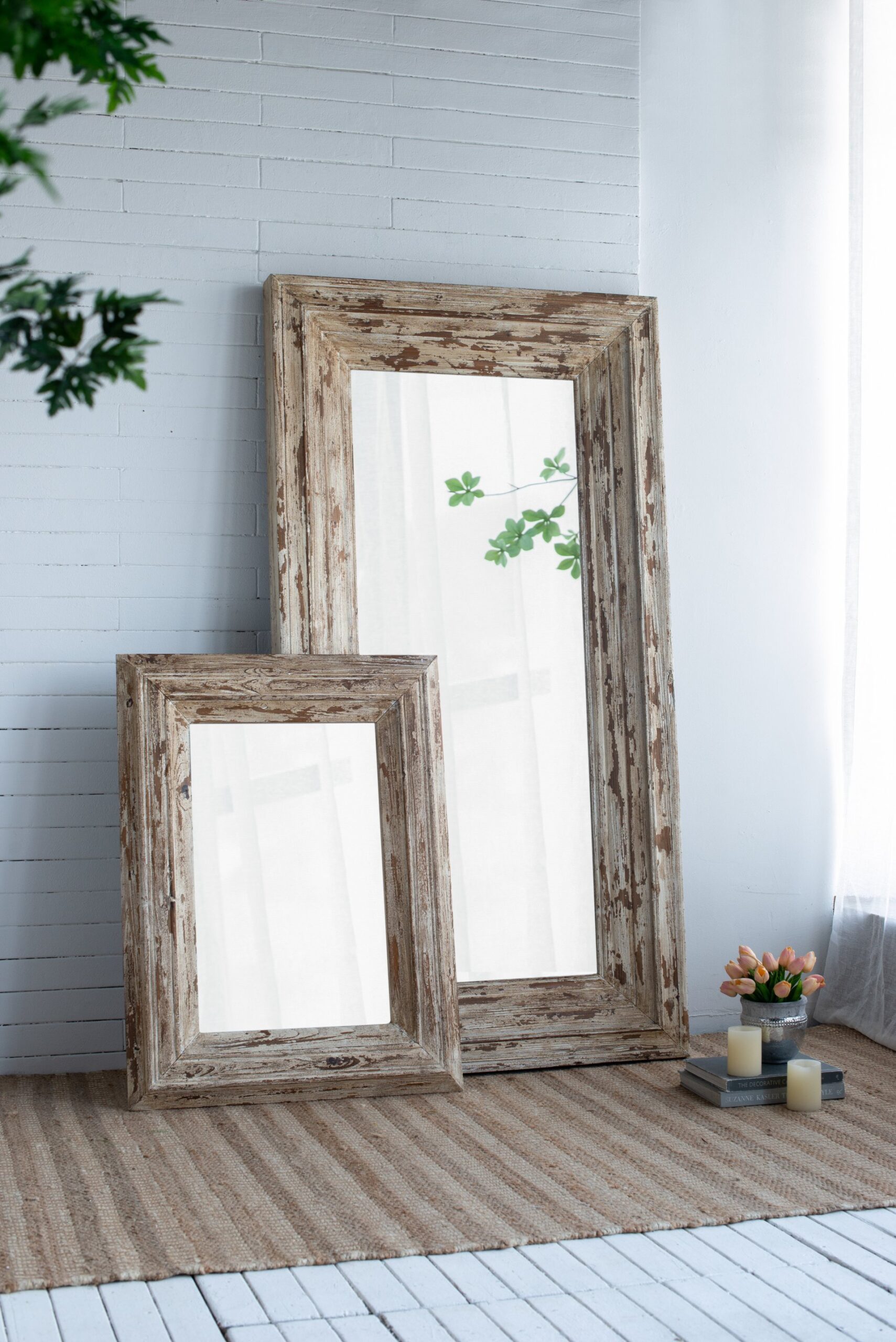 Full Length Rectangle Floor Mirror With Distressed Wood Frame - Brown - Image 6