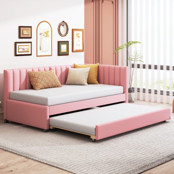 Upholstered Daybed With Trundle Twin Size Sofa Bed Frame No Box Spring Needed, Linen - Pink
