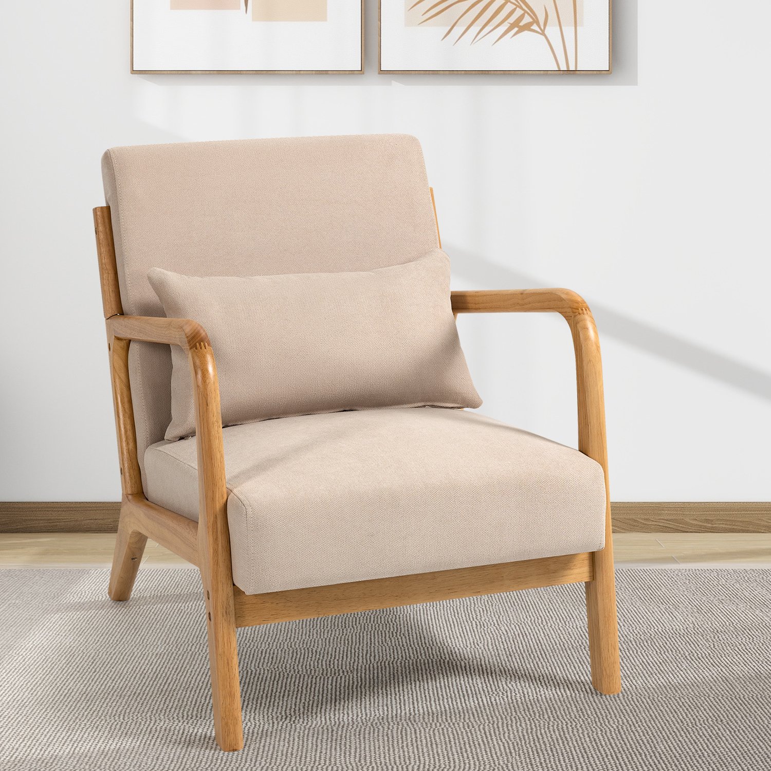 Leisure Chair With Solid Wood Armrest And Feet, Mid-Century Modern Accent Sofa, 1 Seat - Beige - Image 2