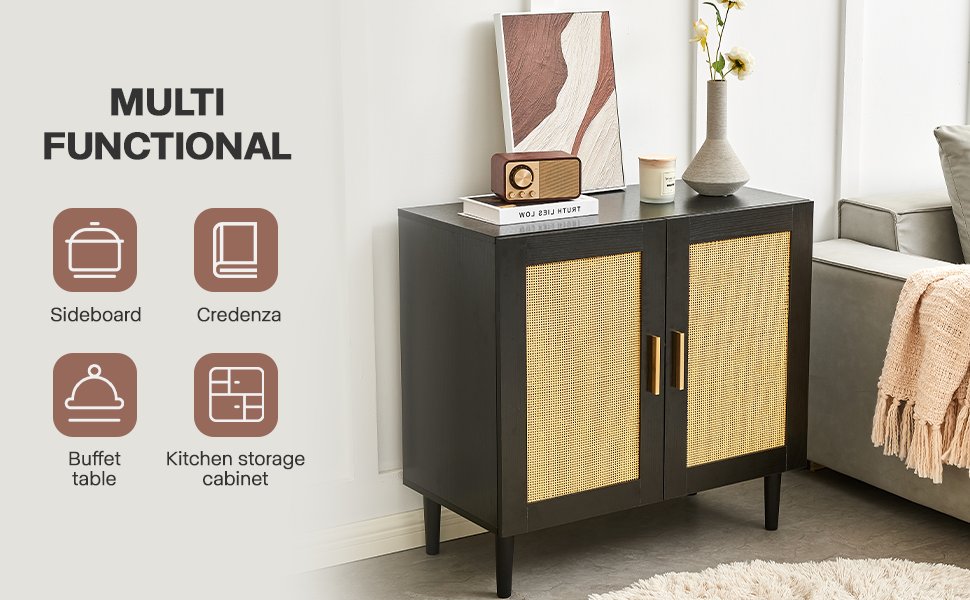 Side Panel Buffet Cabinet With Natural Rattan Door, Rattan Storage Cabinet With Adjustable Shelves, Side Panel And Buffet With Storage Space, Modern Console Cabinet In Bedroom And Living Room - Black / Beige - Image 14