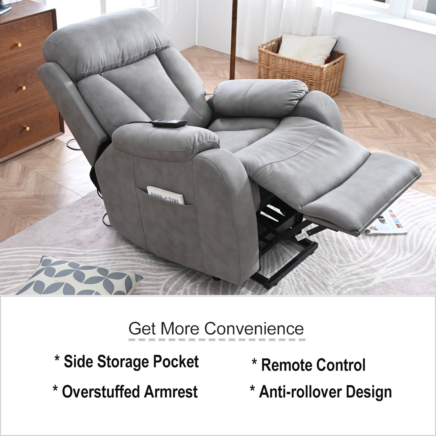 35.4" Electric Power Lift Recliner Chair, Fabric Recliner Chair, Home Theater Seating, Living Room Chair, Side Pocket, Remote Control - Light Gray - Image 8