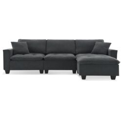 Modern Convertible Sectional L Shaped Reversible Couch Set With Free Pillows 4 Seat Suede Sleeper Sofa With Ottoman - Dark Gray