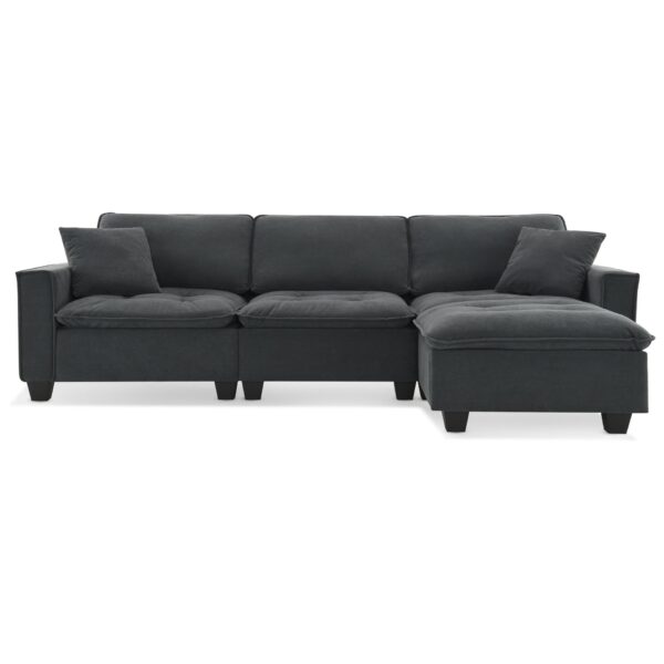 Modern Convertible Sectional L Shaped Reversible Couch Set With Free Pillows 4 Seat Suede Sleeper Sofa With Ottoman - Dark Gray
