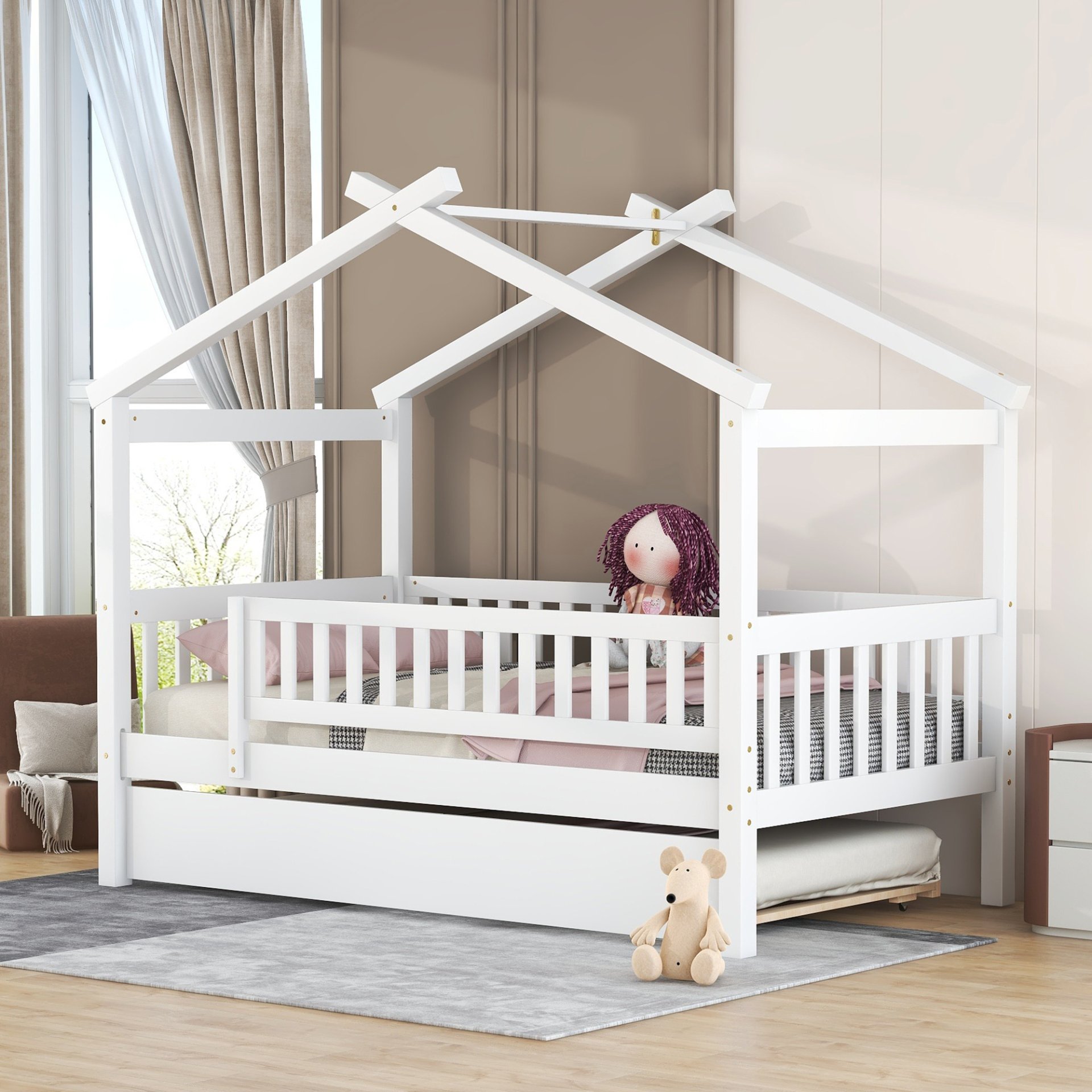 Twin Size House Bed & Twin Size Trundle - White - Image 2