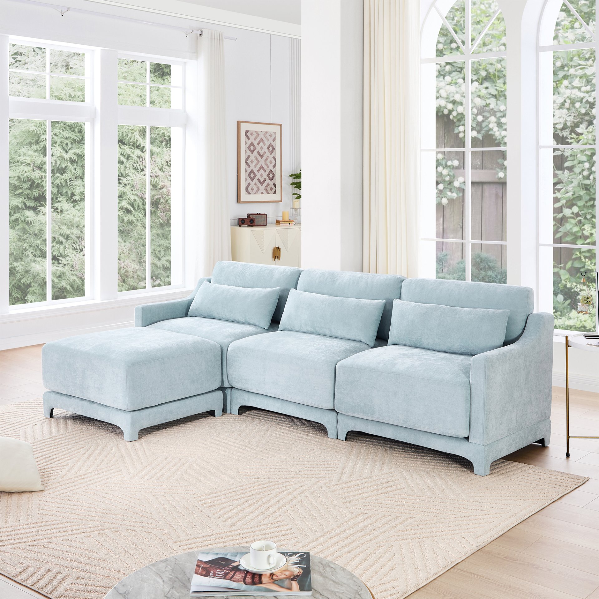 3 Seater Chenille Sofa With Movable Ottomans High Resilience Sponge Easy Install - Sky Blue - Image 19