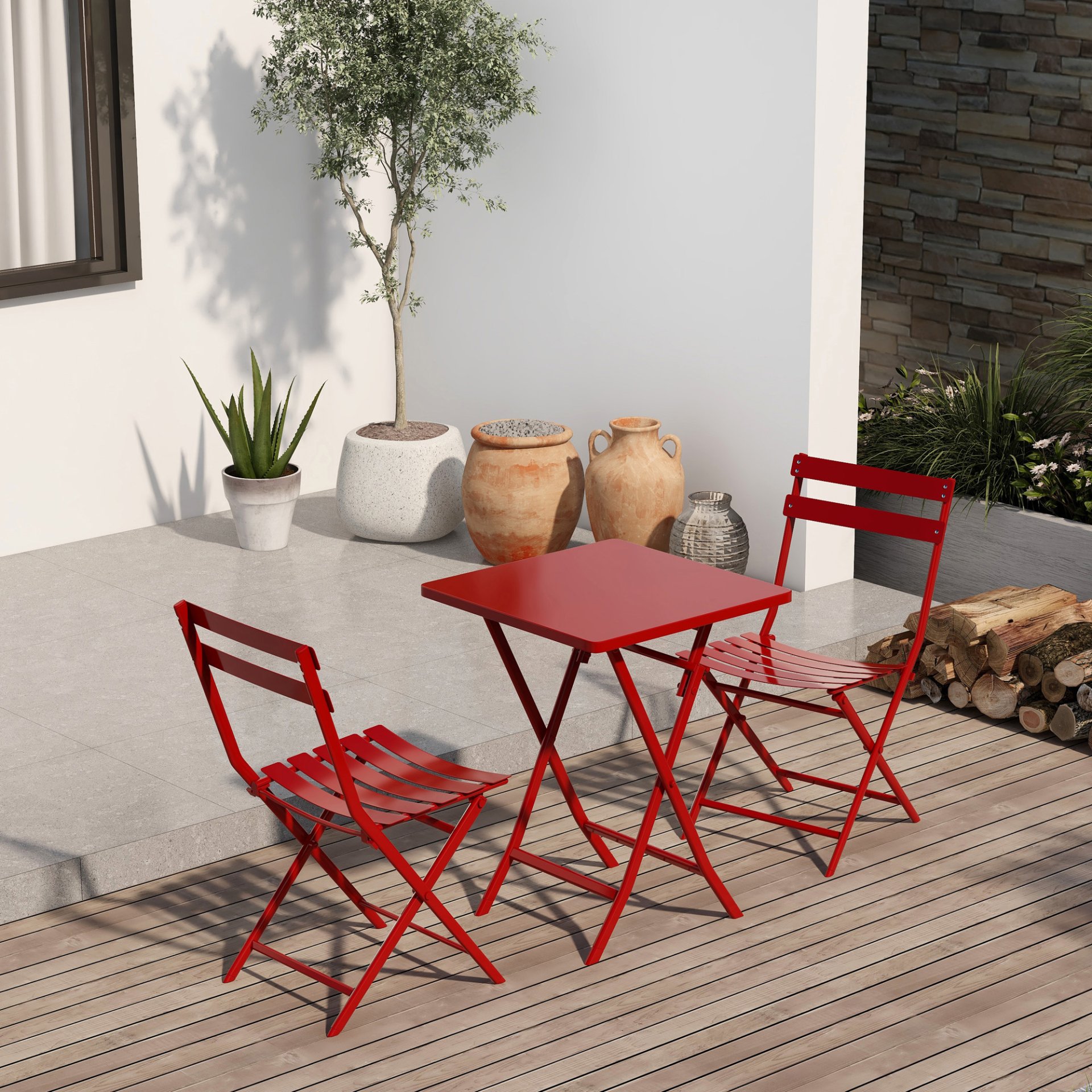 3 Piece Patio Bistro Set Of Foldable Square Table And Chairs - Red - Image 2