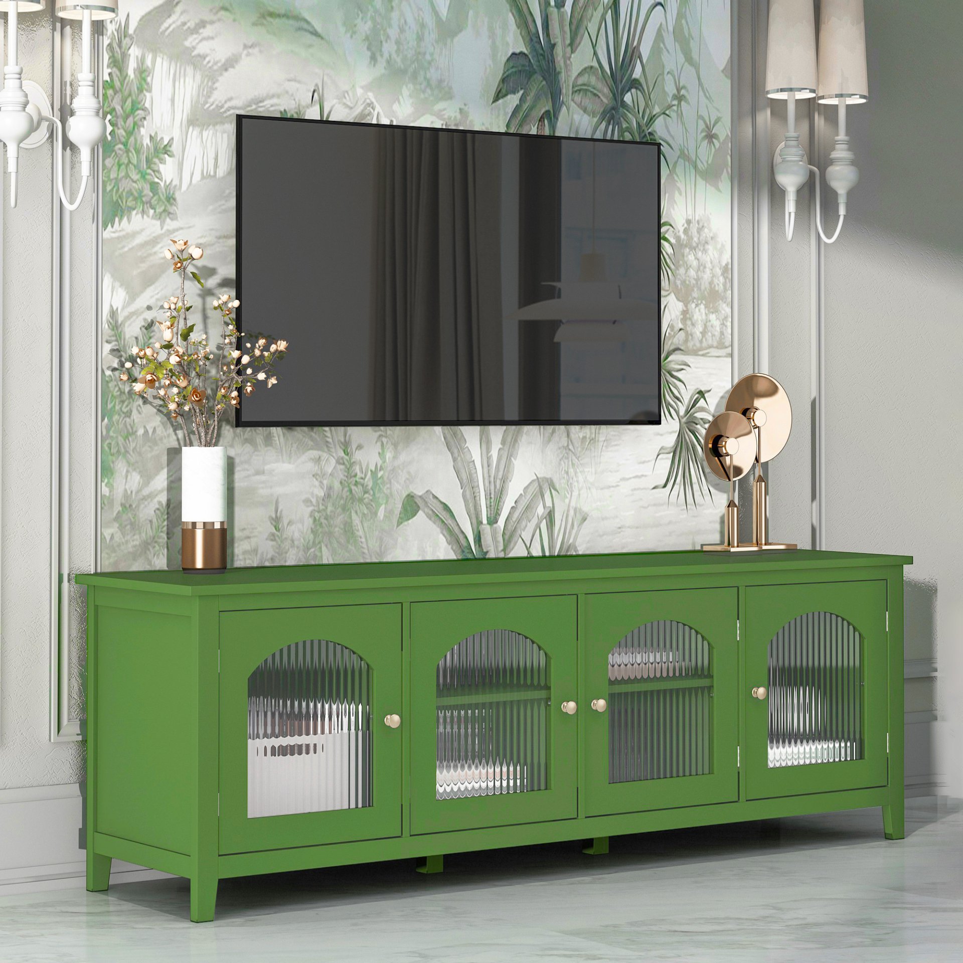 Stylish TV Cabinet, Entertainment CenterTV Stand, TVconsoletable, Media Console, Solidwood Frame, Changhong Glass Door, Metal Handle - Antique Green - Image 4