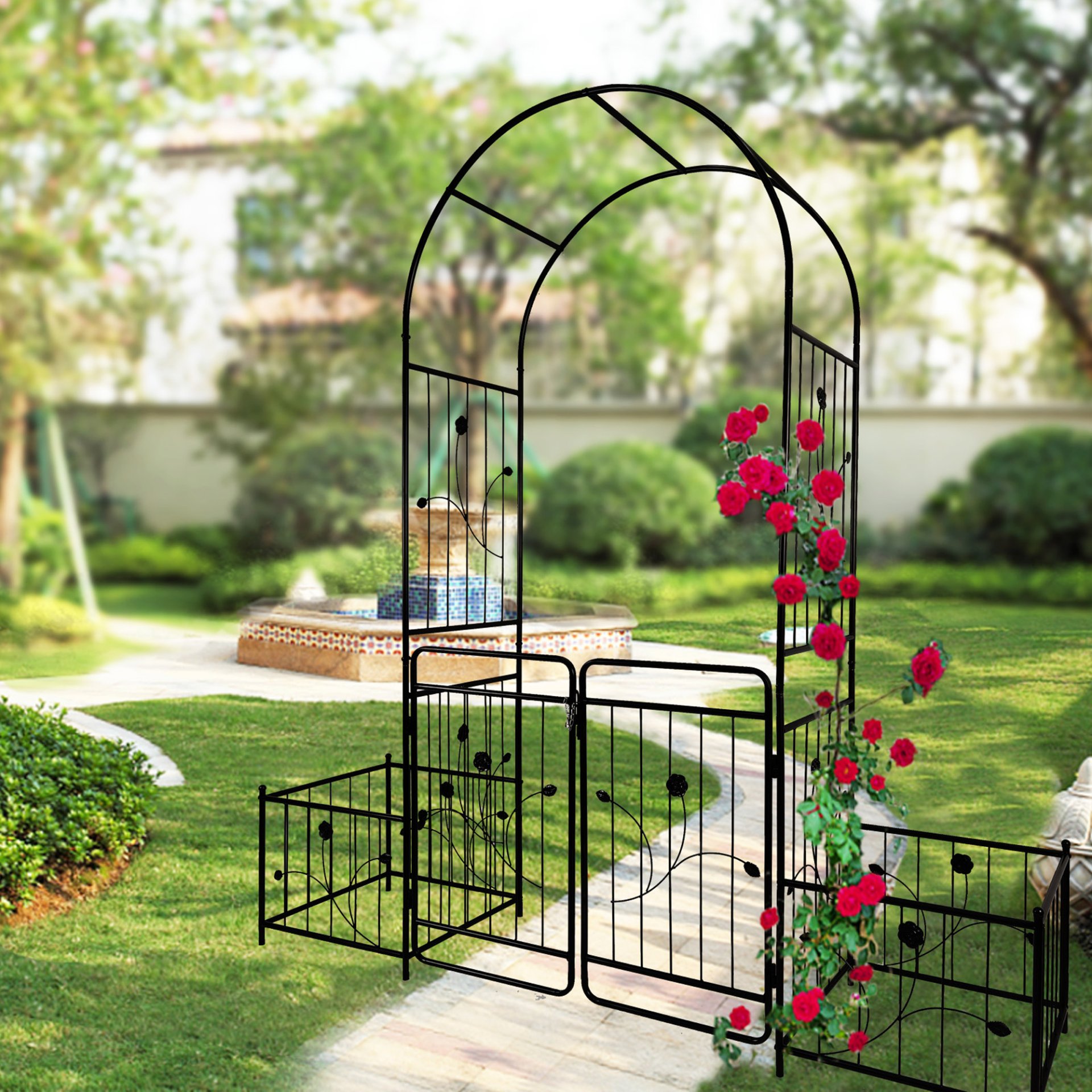 Metal Garden Arch With Gate Wide High Climbing Plants Support Rose Arch Outdoor - Black - Image 4