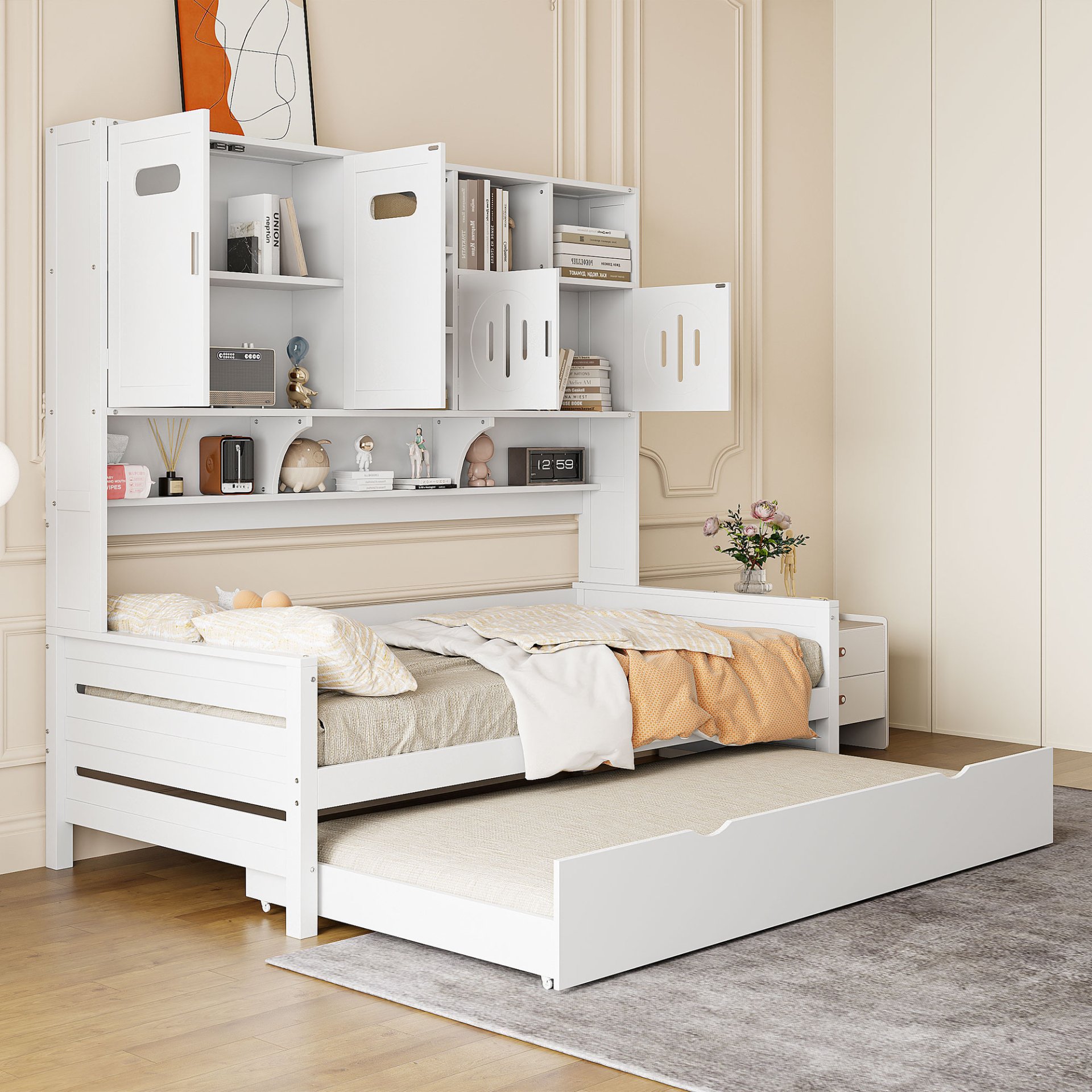Twin Size Wooden Daybed With Twin Size Trundle, And All In One Cabinet And Shelf - White - Image 3