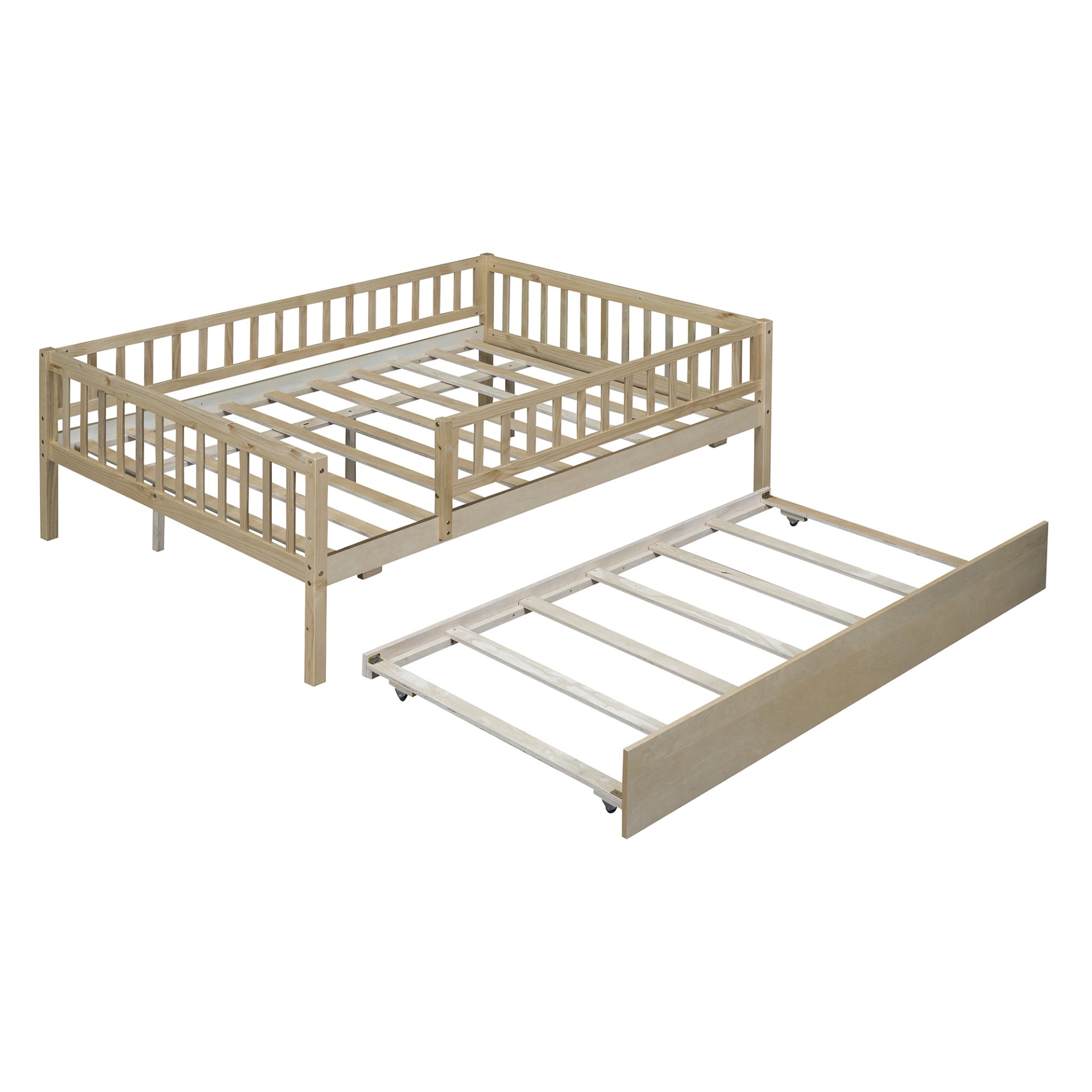 Full Size Daybed With Trundle And Fence Guardrails - Natural - Image 5