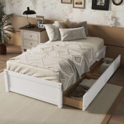 Twin Bed With 2 Drawers, Solid Wood, No Box Spring Needed - White