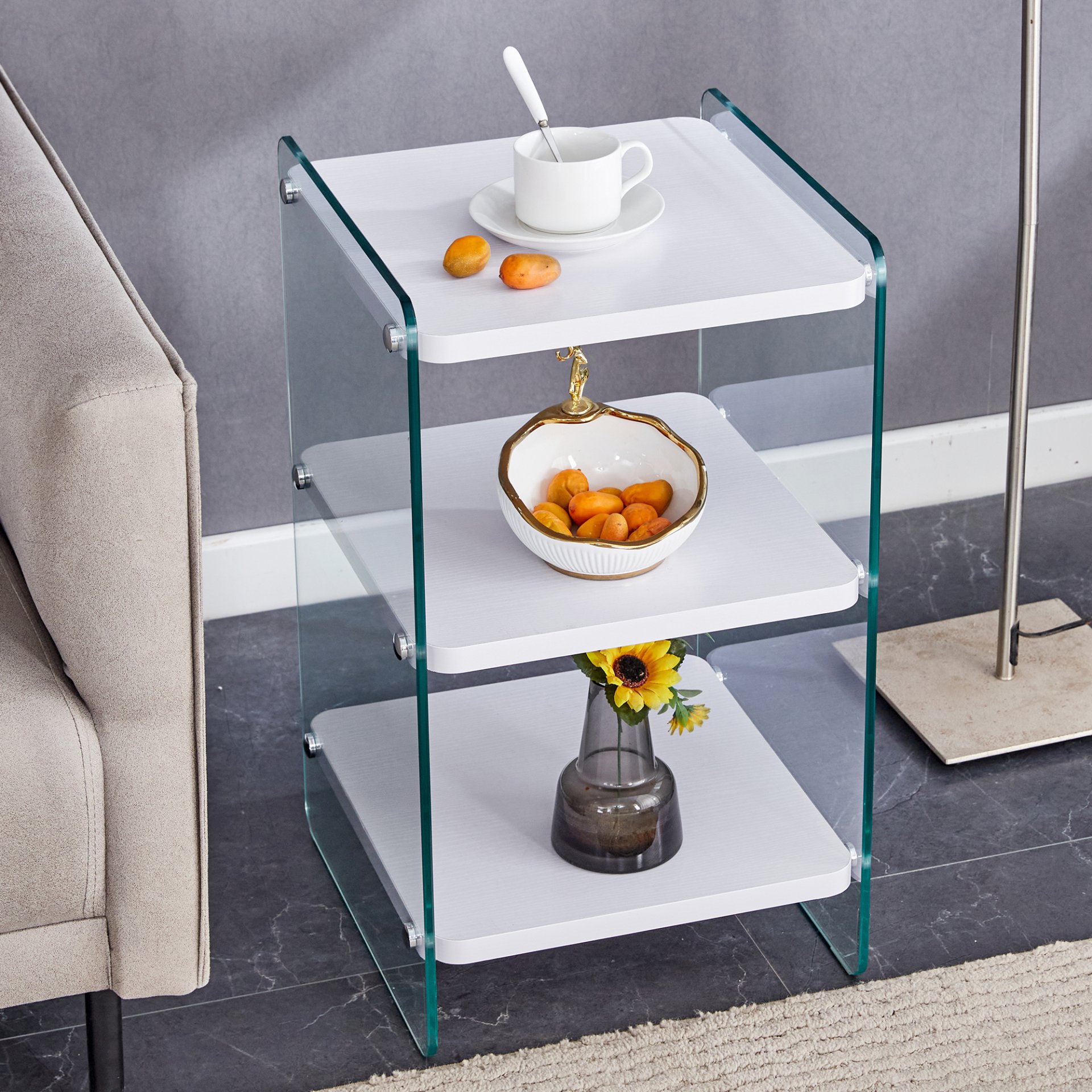 Simple Elegant Bedside Table With Storage Function And Tempered Glass - White - Image 2