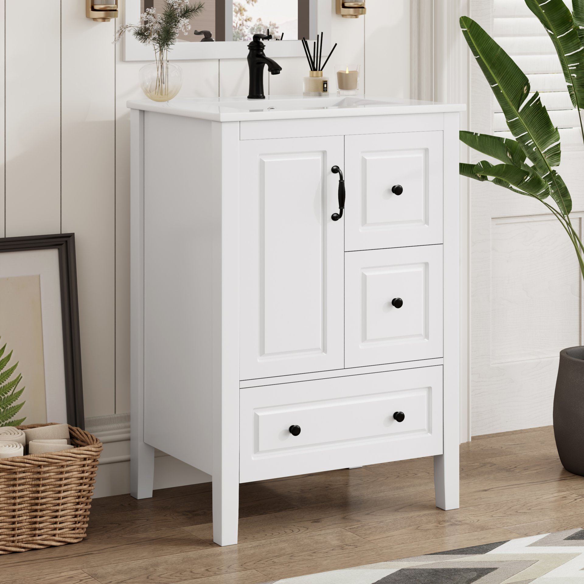 Retro Bathroom Vanity With Sink, Soft Closing Cabinet & Drawers - White - Image 2