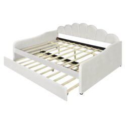 Full Size Upholstery Daybed Frame With Shell Shaped Backrest And Trundle - White