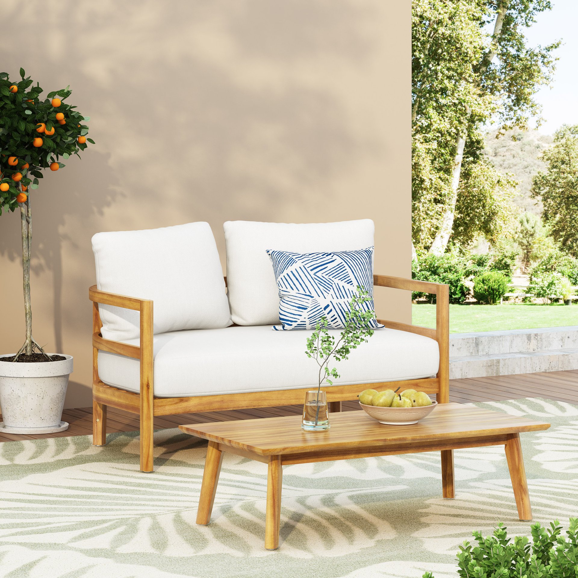 Outdoor Coffee Table Set With Loveseat And Cushion - Brown / White - Image 2