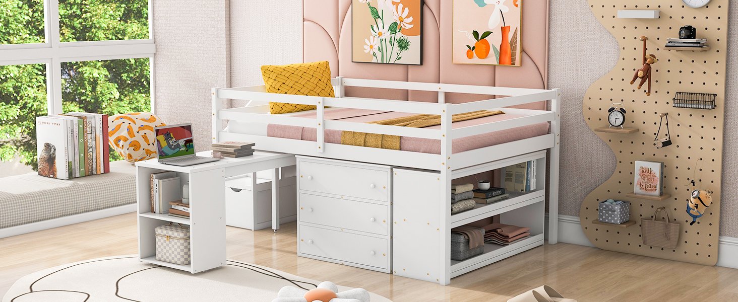 Full Size Loft Bed With Retractable Writing Desk And 3 Drawers With Storage Stairs And Shelves - White - Image 22