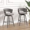 28" Bar Chair Linen Woven Bar Stool (Set of 2) Upholstered With Legs, 360 Swivel, Counter Arm Chairs With Back Footrest - Gray - Image 2
