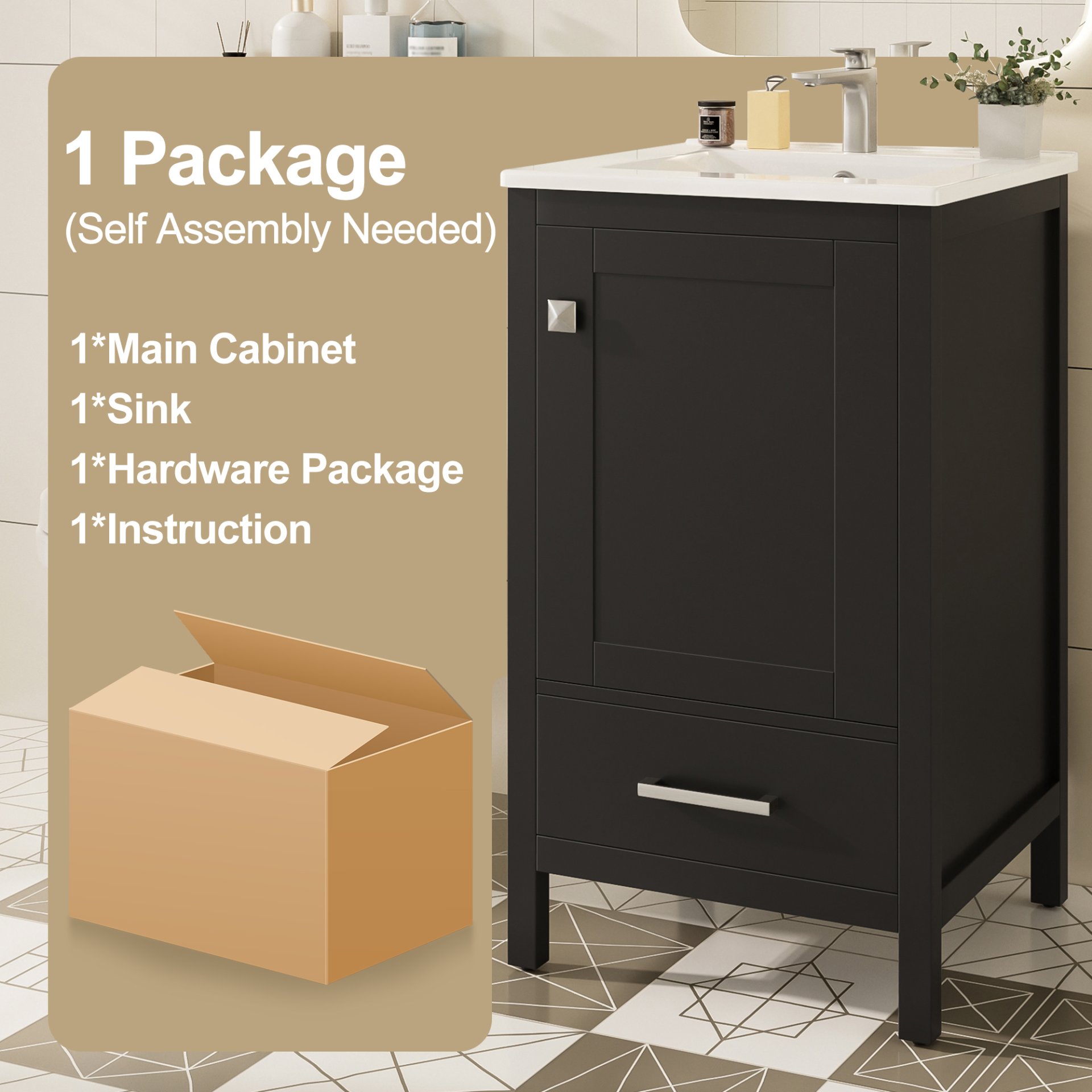 20" Bathroom Vanity With Sink, Soft Close Drawers, Door Organizer, Divider Drawer, Adjustable Foot Pads - Black - Image 10
