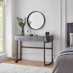 Mirrored Makeup Vanity Table With Stainless Steel Base, Mirrored Console Dressing Table With 2 Drawers, Versatile Desk For Bedroom And Office - Gray