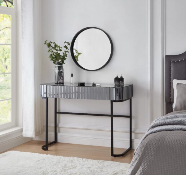 Mirrored Makeup Vanity Table With Stainless Steel Base, Mirrored Console Dressing Table With 2 Drawers, Versatile Desk For Bedroom And Office - Gray