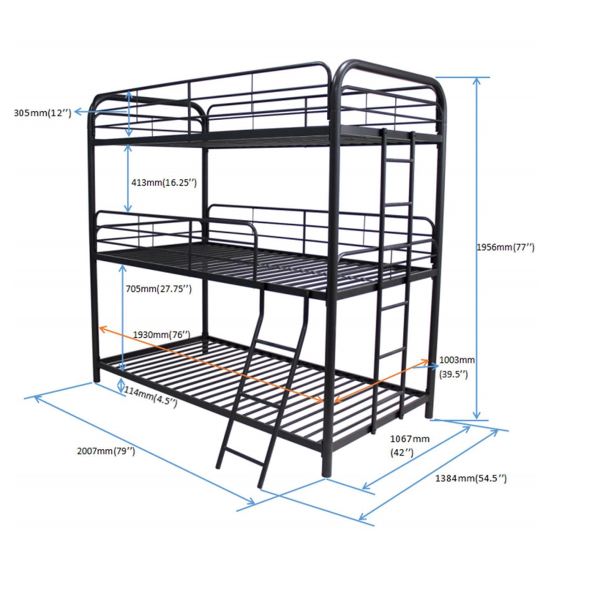 Triple Bunk Bed, Twin / Twin / Twin - Black - Image 3
