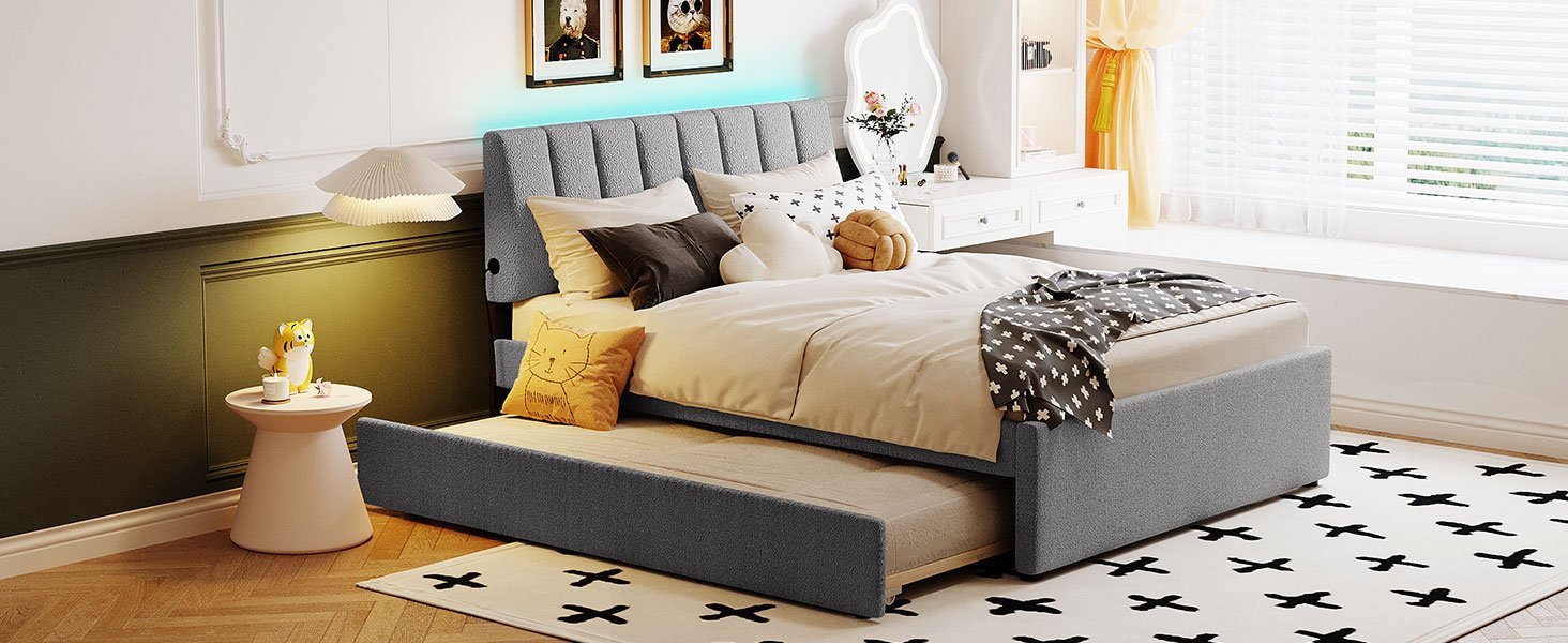 Full Size Upholstered Platform Bed With Twin Size Trundle - Gray - Image 14