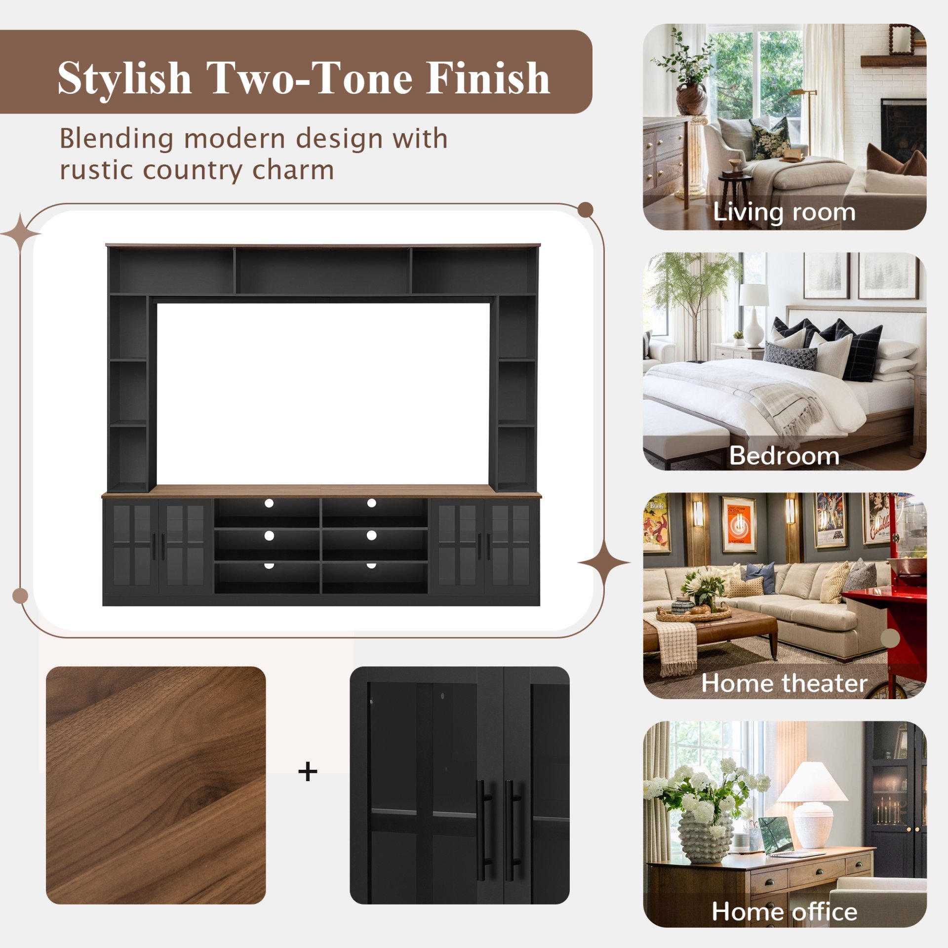 Wall Unit Entertainment Center With Bookshelves For TVs Up To 80", Modern TV Stand Media Console With Cabinets, Tempered Glass Doors And Adjustable Shelves For Living Room - Black - Image 8