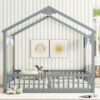 Double Twin House-Style Floor Bed With Fence, Guardrails, Without Door - Gray - Image 10