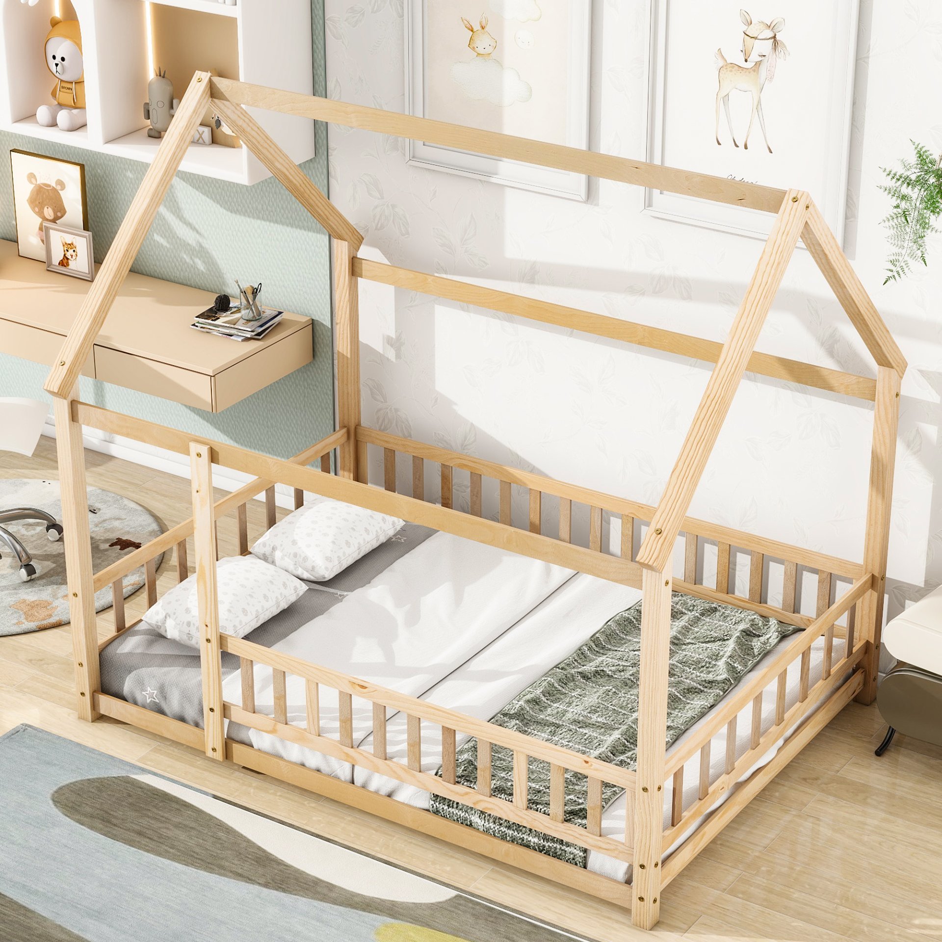 Full Size Floor Wooden Bed With House Roof Frame, Fence Guardrails - Nartural - Image 2