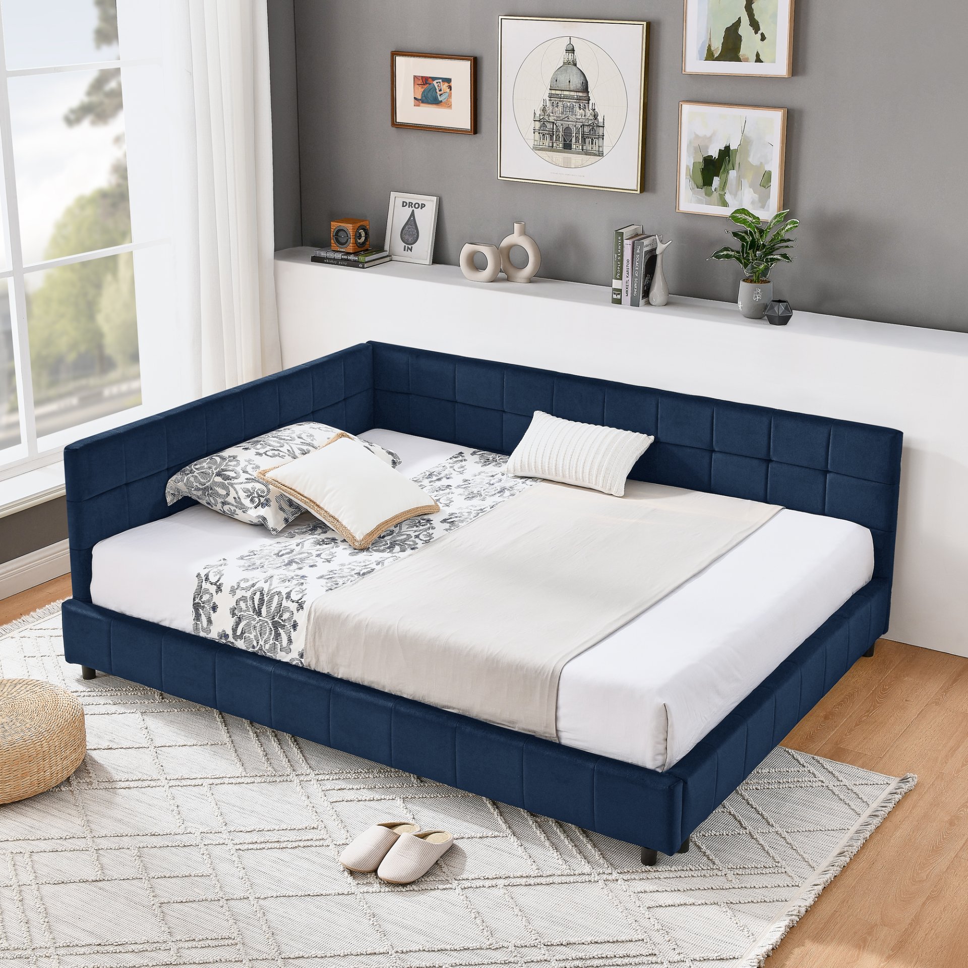 Mid Century Velvet Full Size Upholstered Tufted Bed Frame With Comfortable Backrest And Armrests - Dark Blue - Image 3