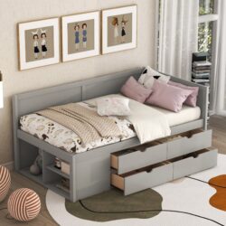 Twin Size Daybed With Drawers And Shelves - Gray