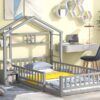 Twin Size House-Style Headboard Floor Bed With Fence Guardrails Without Cushion - Gray - Image 6