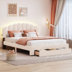 Queen Size Upholstered Platform Bed With Drawer - Beige