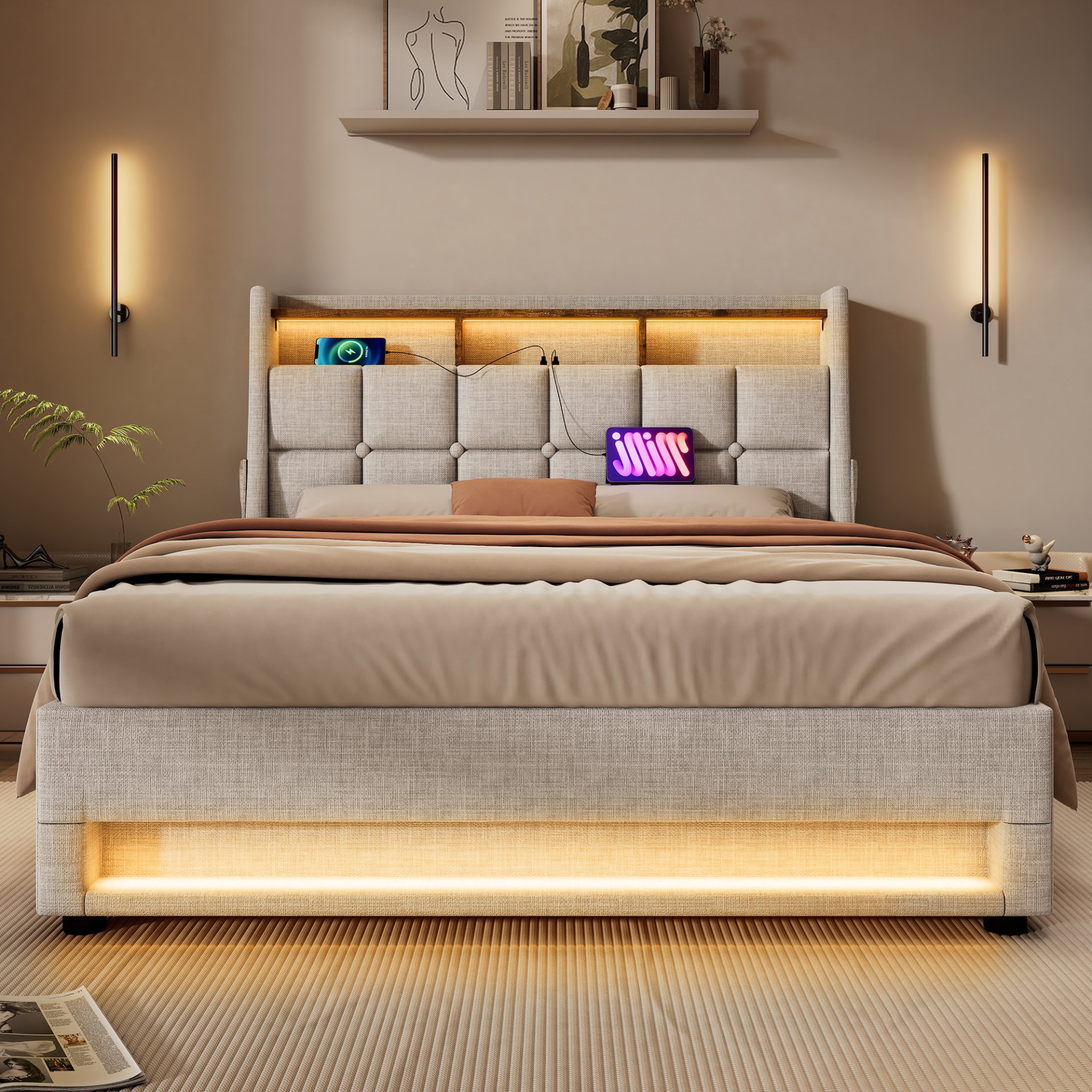 Full Size Upholstered Platform Bed With A Hydraulic Storage System, LED And USB Charging (Without Mattress) - Natural - Image 23