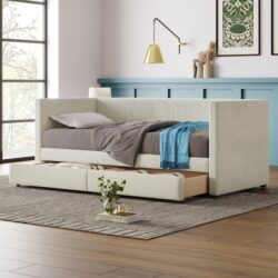 Twin Size Corduroy Daybed With Two Drawers And Slat - Beige