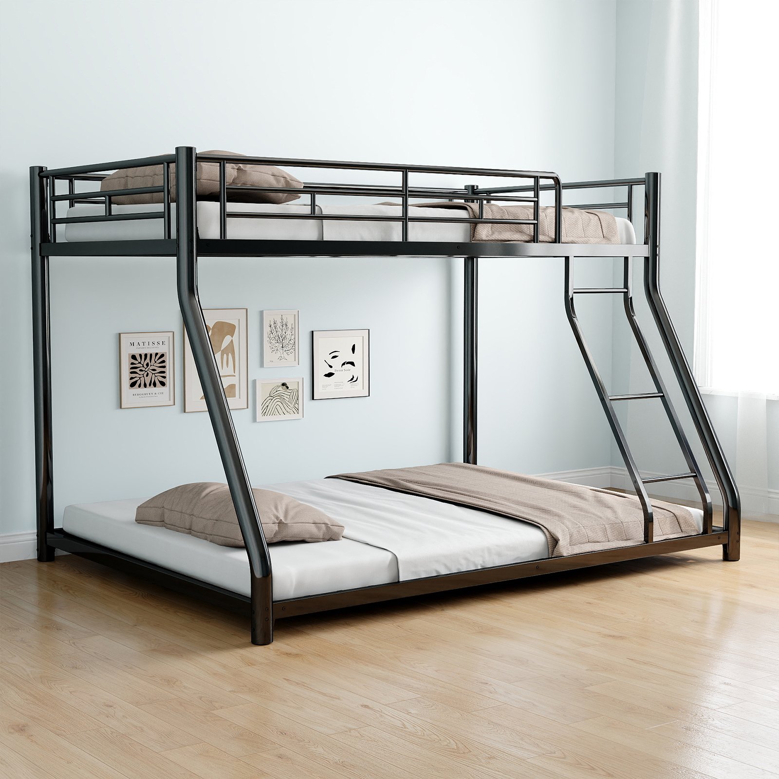 Twin Over Full Metal Bunk Bed Frame With Ladder And Guardrail, Heavy Duty Noise Free Design Metal Construction - Black - Image 2