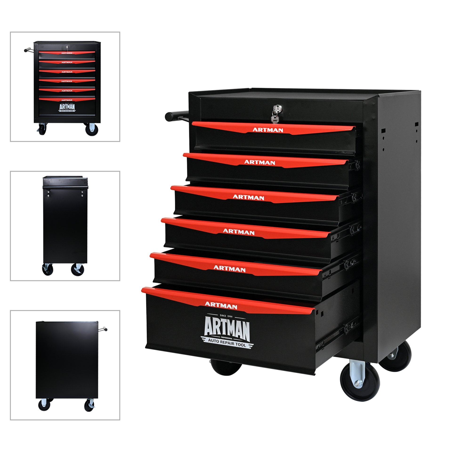 Rolling Metal Tool Chest With 6 Drawers, 20" Steel Storage Cabinet With Ball Bearing Slides - Black / Red - Image 7