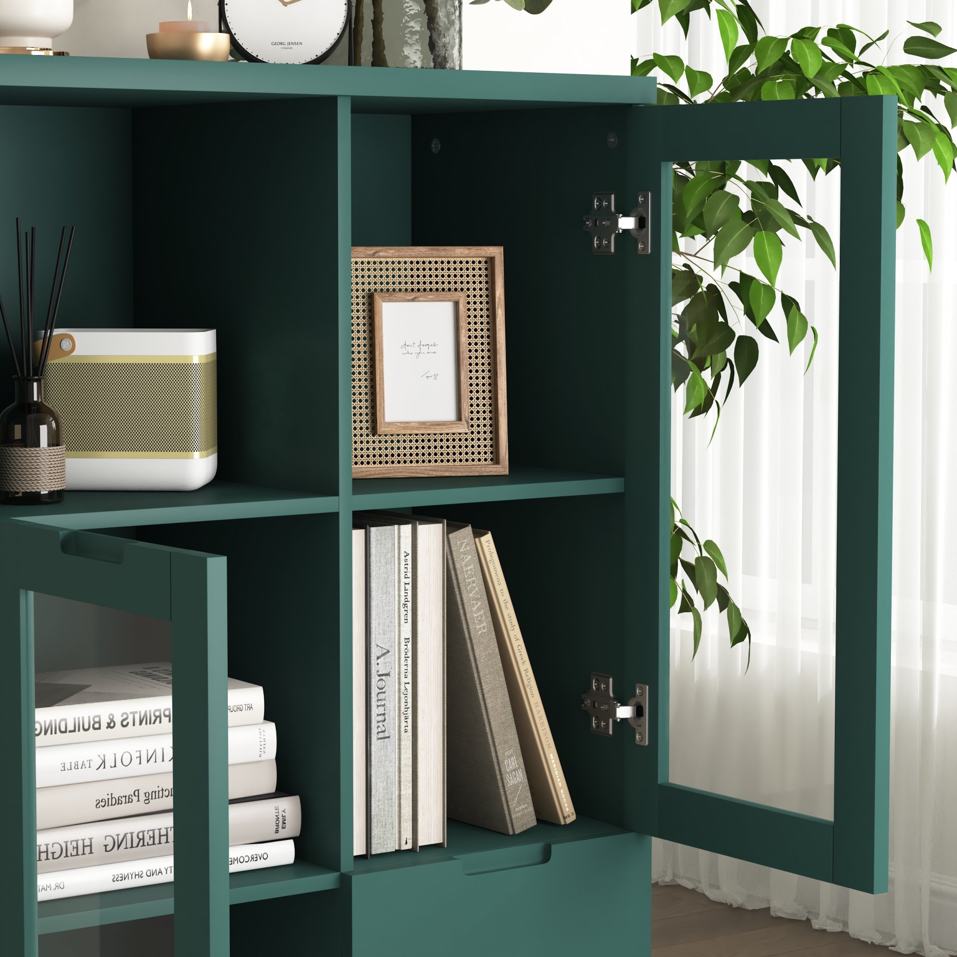 Modern Painted Cabinet With Glass Doors And Drawer - Green - Image 9
