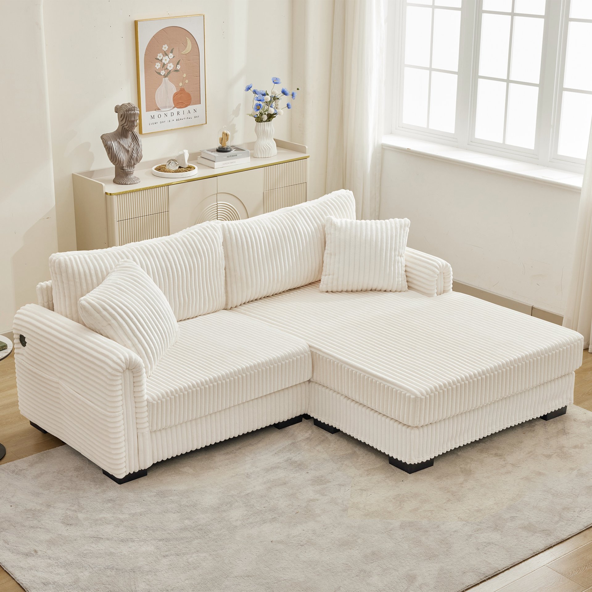2 Seater L Shaped Chaise Sofa With Reversible Cushion Corduroy Fabric, USB - C Charging Port, Storage Pocket, Convertible Left / Right Design For Living Room - Beige - Image 8