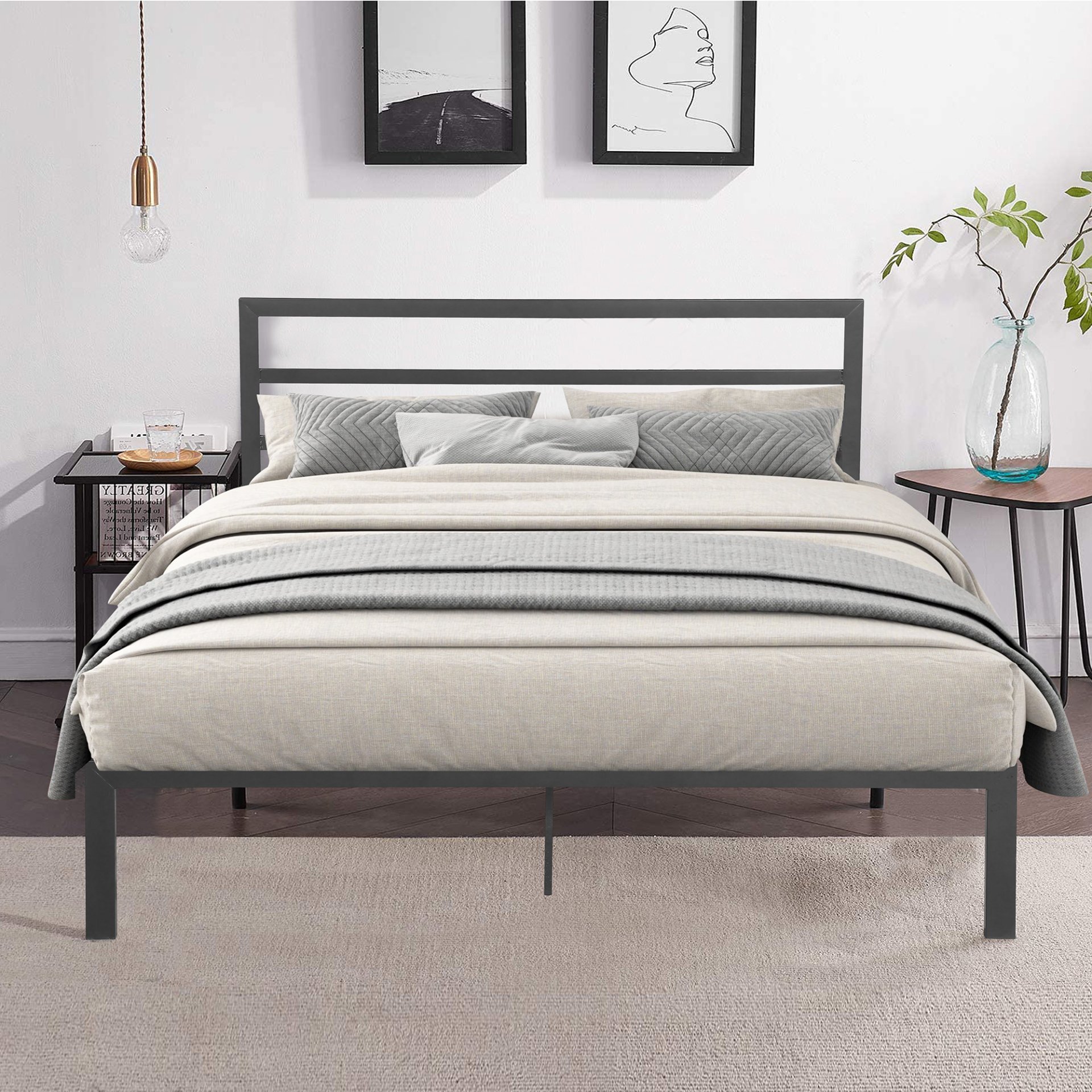 Queen Metal Bed Frame With Headboard - Charcoal Gray - Image 2
