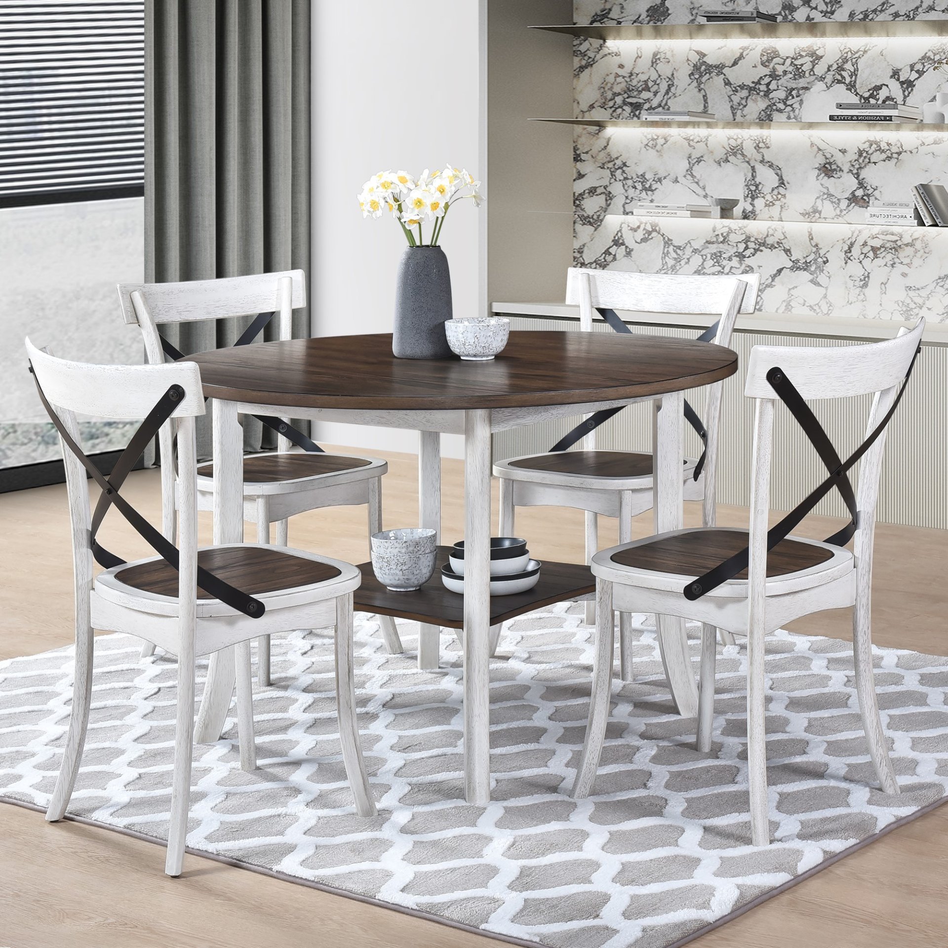 2 Pieces Set Dining Side Chair Rustic Modern Farmhouse Design Retro Design With Metal X Design - Antique Dark Oak / Antique White - Image 8