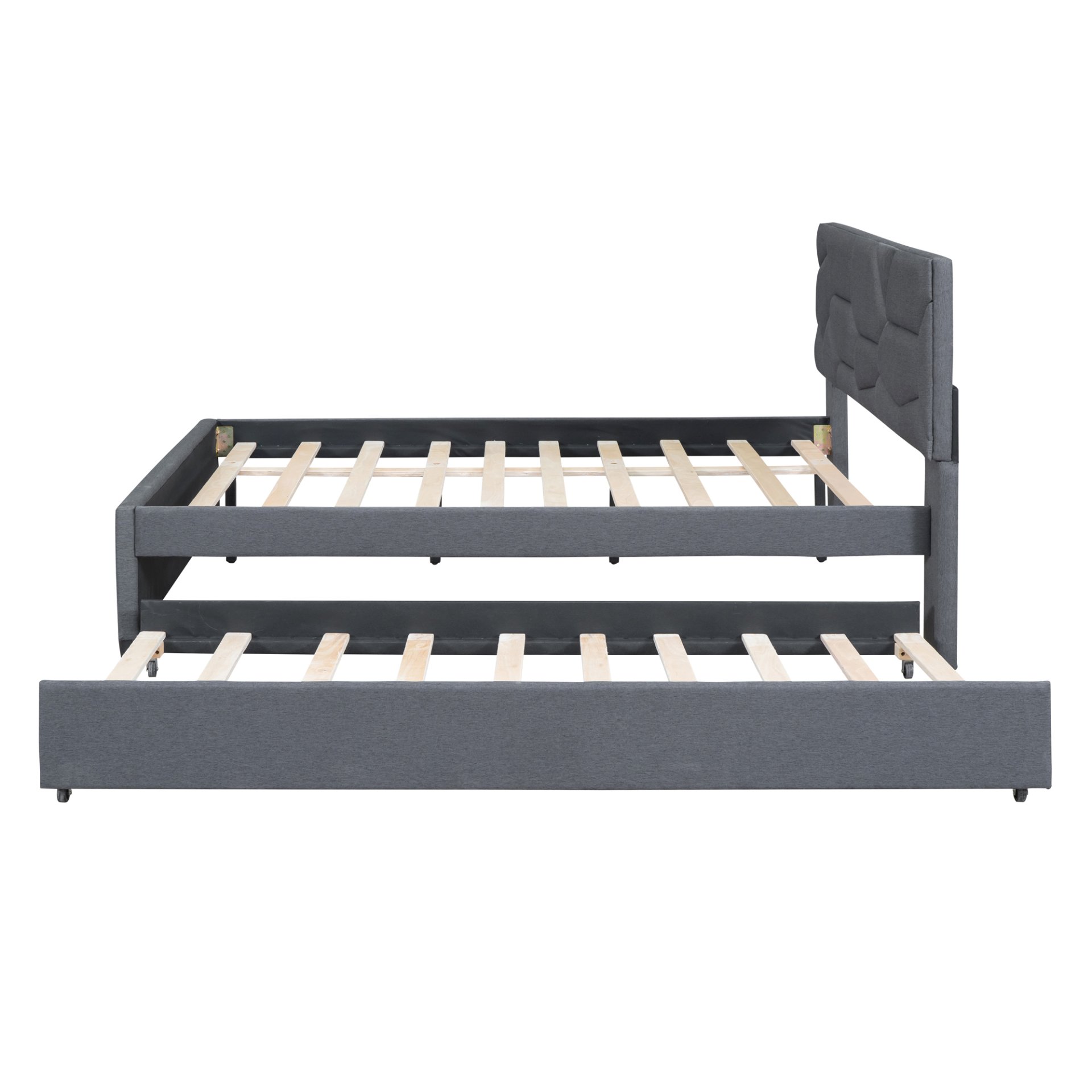 Full Size Upholstered Platform Bed With Brick Pattern Headboard And Twin Size Trundle - Gray - Image 6
