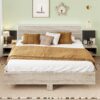 King Size Floating Platform Bed, With LED Lights, Bedside Nightstand - Natural - Image 13