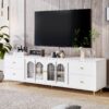 Modern TV Stand For TVs Up To 75", Entertainment Center With Glass Door, 4 Drawers And 2 Cabinets, 5 Metal Legs And Metal Handles For Living Room - White - Image 2