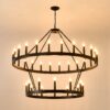 2 Tiers Wagon Wheel Chandelier Wooden Farmhouse 36 Light (24 / 12) Or (12 / 24) Metal Chandeliers 2 Story Light Fixtures Industrial For High Ceiling Living Dining Room Foyer, Adjustable Height - Black - Image 21