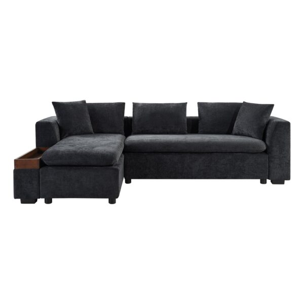 Modern L Shaped Sectional Sofa With Chenille Upholstery And Wooden Storage - Black