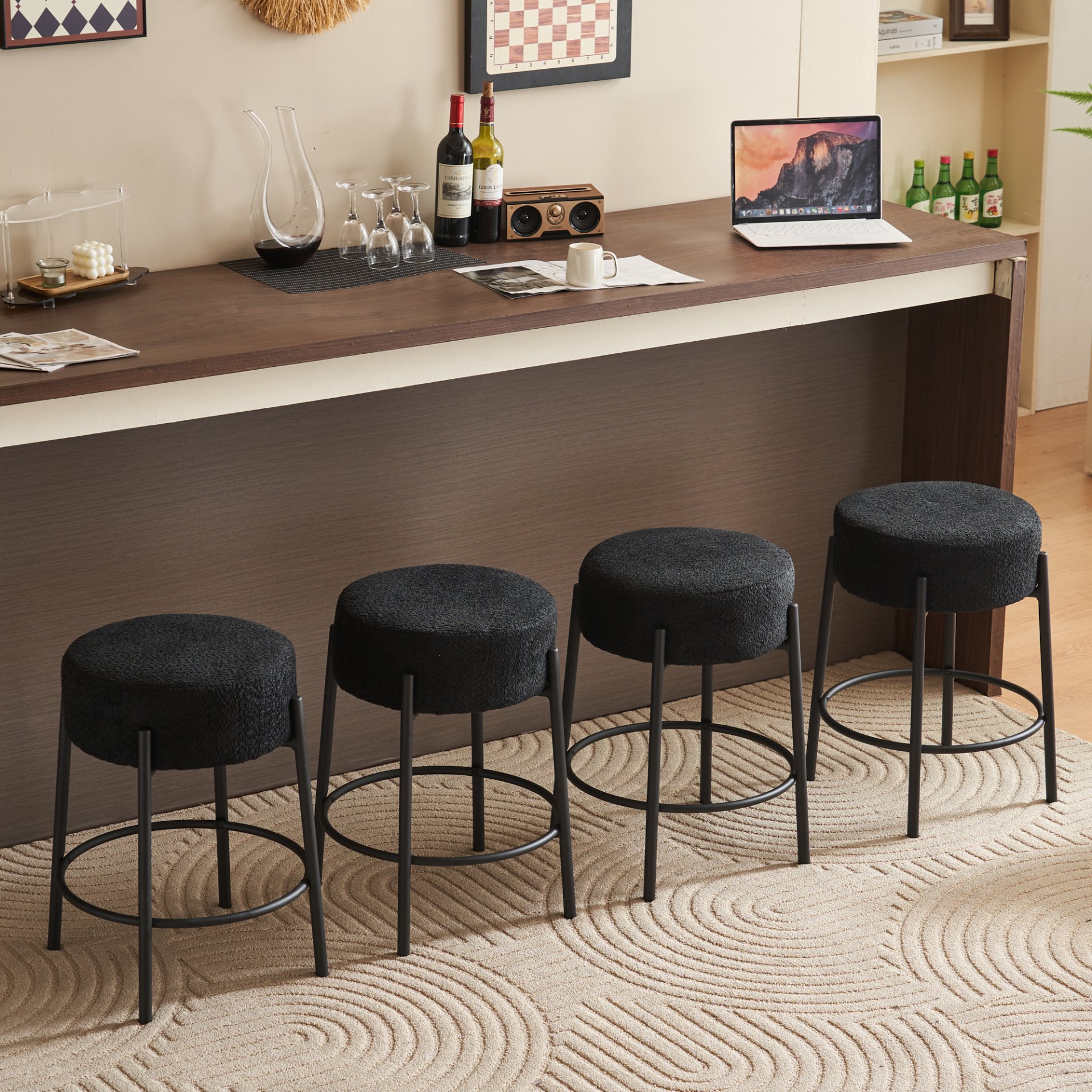 Round Bar Stools (Set of 2), Contemporary Upholstered Dining Stools For Kitchens, Coffee Shops And Bar Stores - Black - Image 7