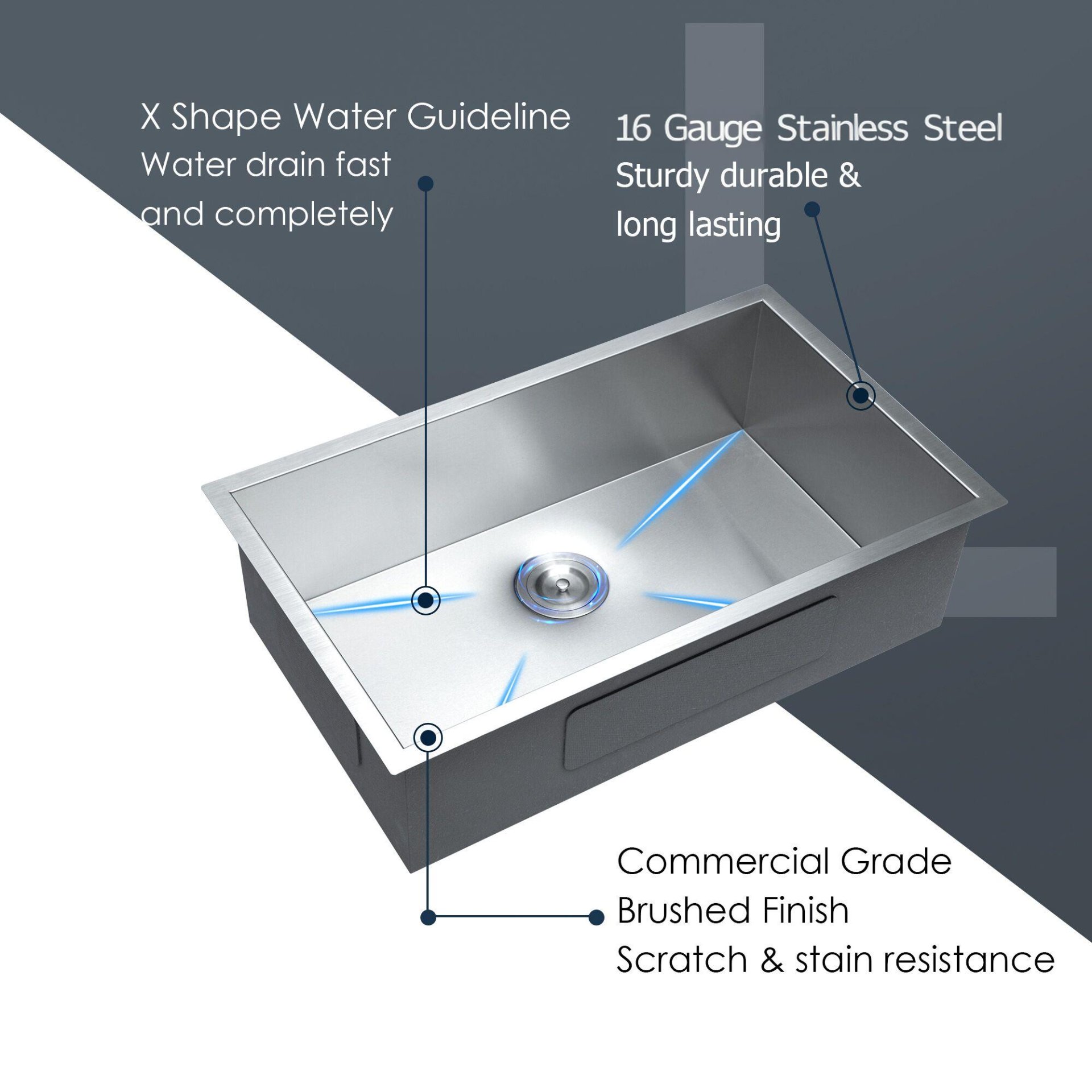 30" Undermount Kitchen Sink, 16 Gauge, 9" Deep Single Bowl - Brushed Nickel - Image 6